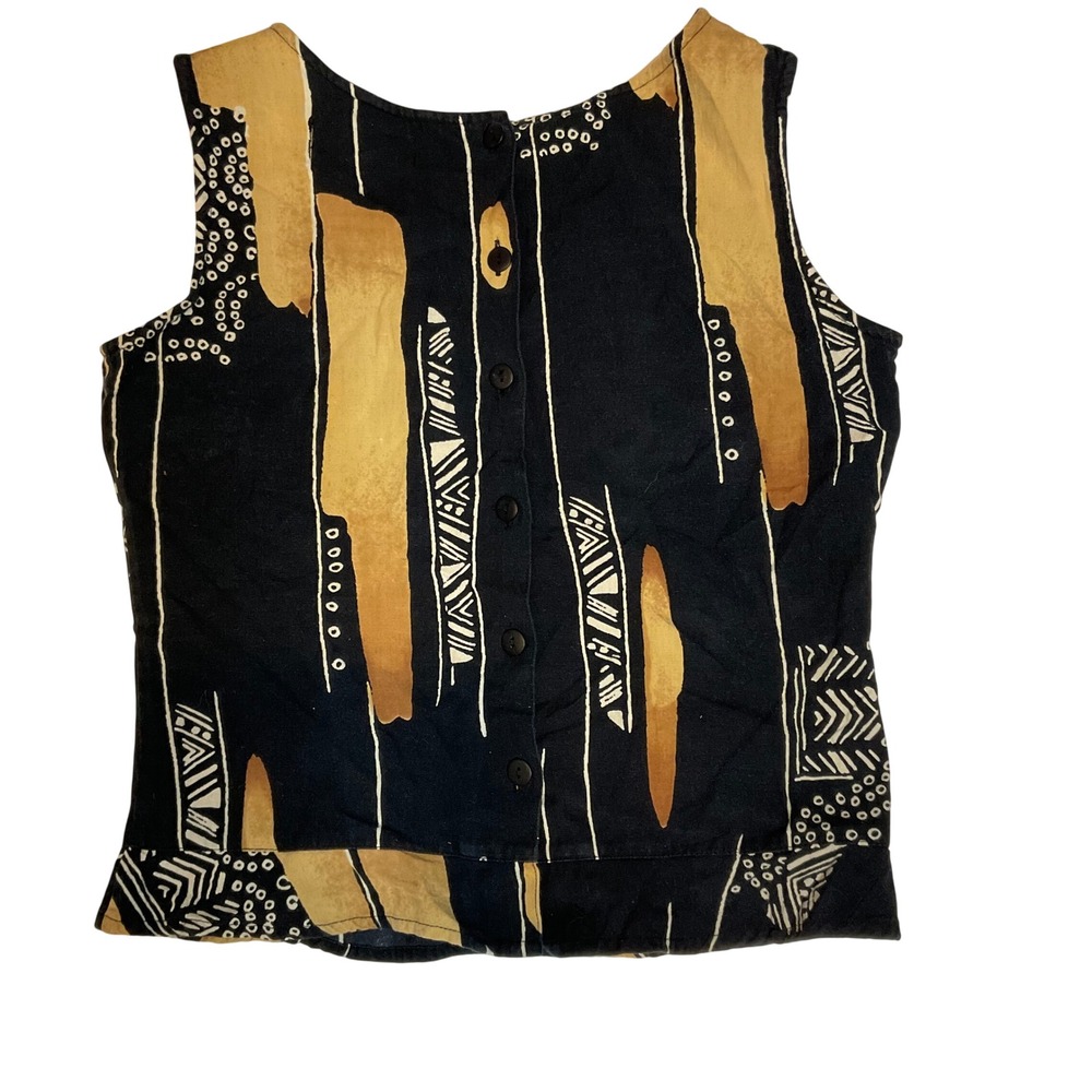 BAMBU women's top cotton linen black brown ruffle abstract geo print boho small - Picture 2 of 10